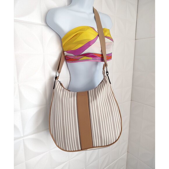 NWT Tahari Logo Hobo Handbag Striped Purse Satchel Vegan Recycled Beige $139 12" - Picture 4 of 13